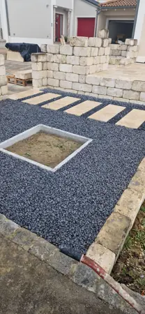 Kiesfläche mit Trittplatten und Einfassung